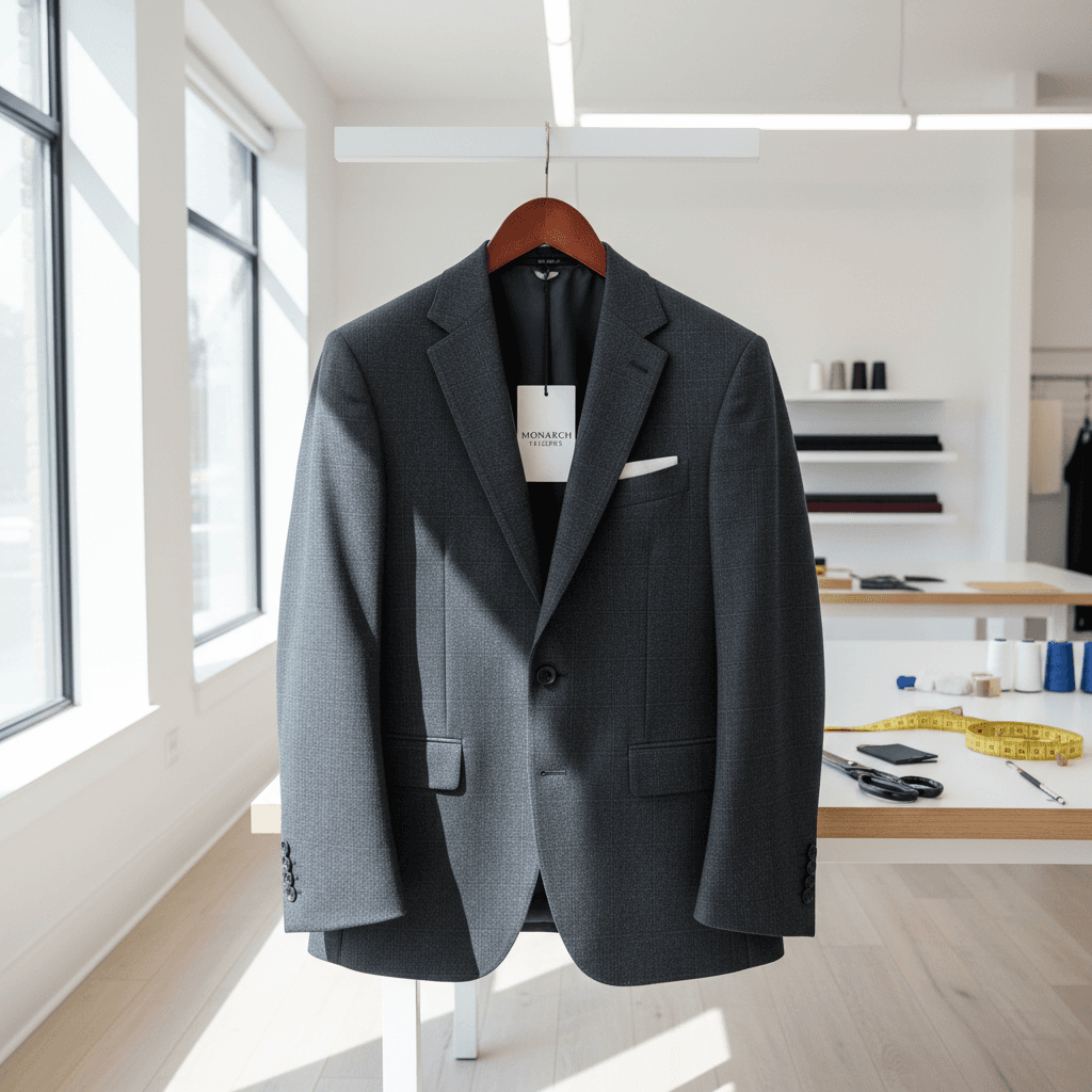 Finished suit jacket on hanger in bright tailor shop