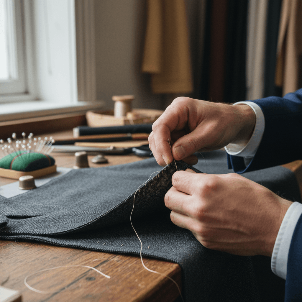 Close up of a tailor's hands hand stitching a suit lapel with needle and thread in a workshop