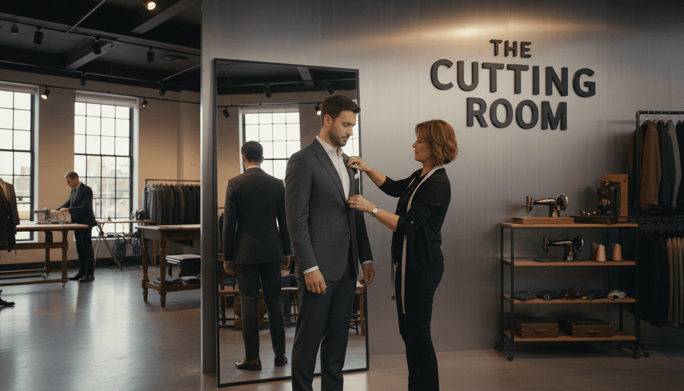 Samuel Hansen adjusting a jacket on a customer in Toronto
