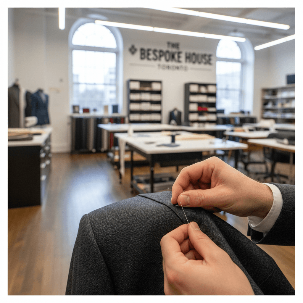 Tailor sewing a precise stitch on a garment in a modern studio, showcasing craftsmanship