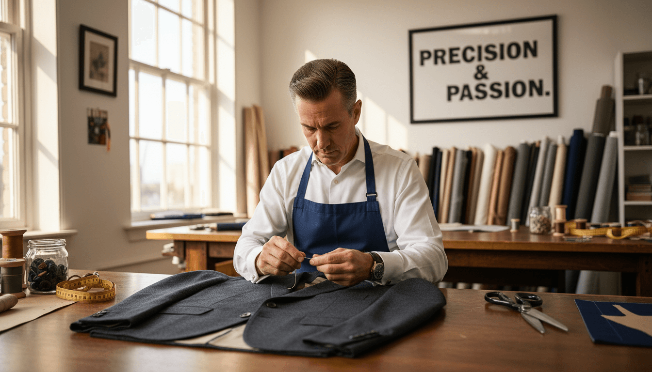 Tailor precisely sewing a garment in a bright, modern studio, showcasing expert craftsmanship.