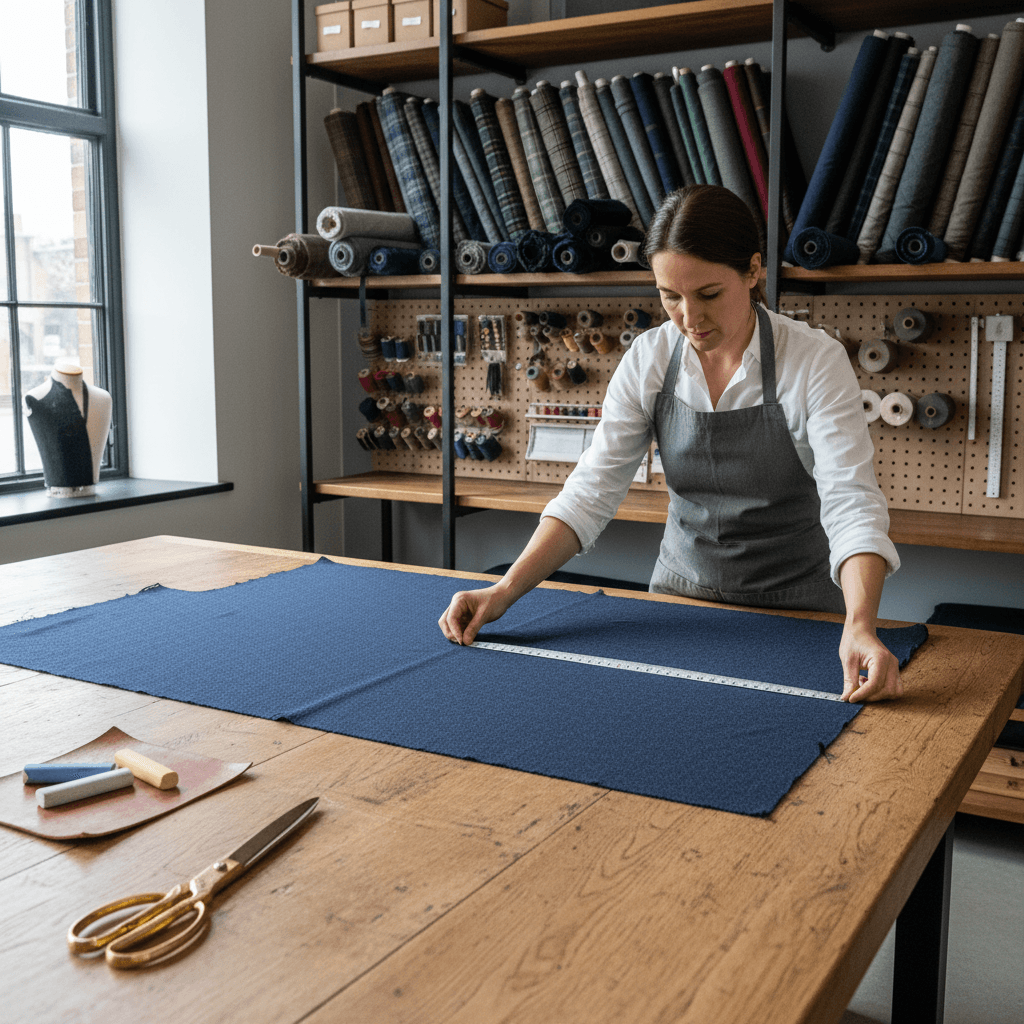 Tailor measuring cloth precisely in a modern studio with chalk and scissors nearby.