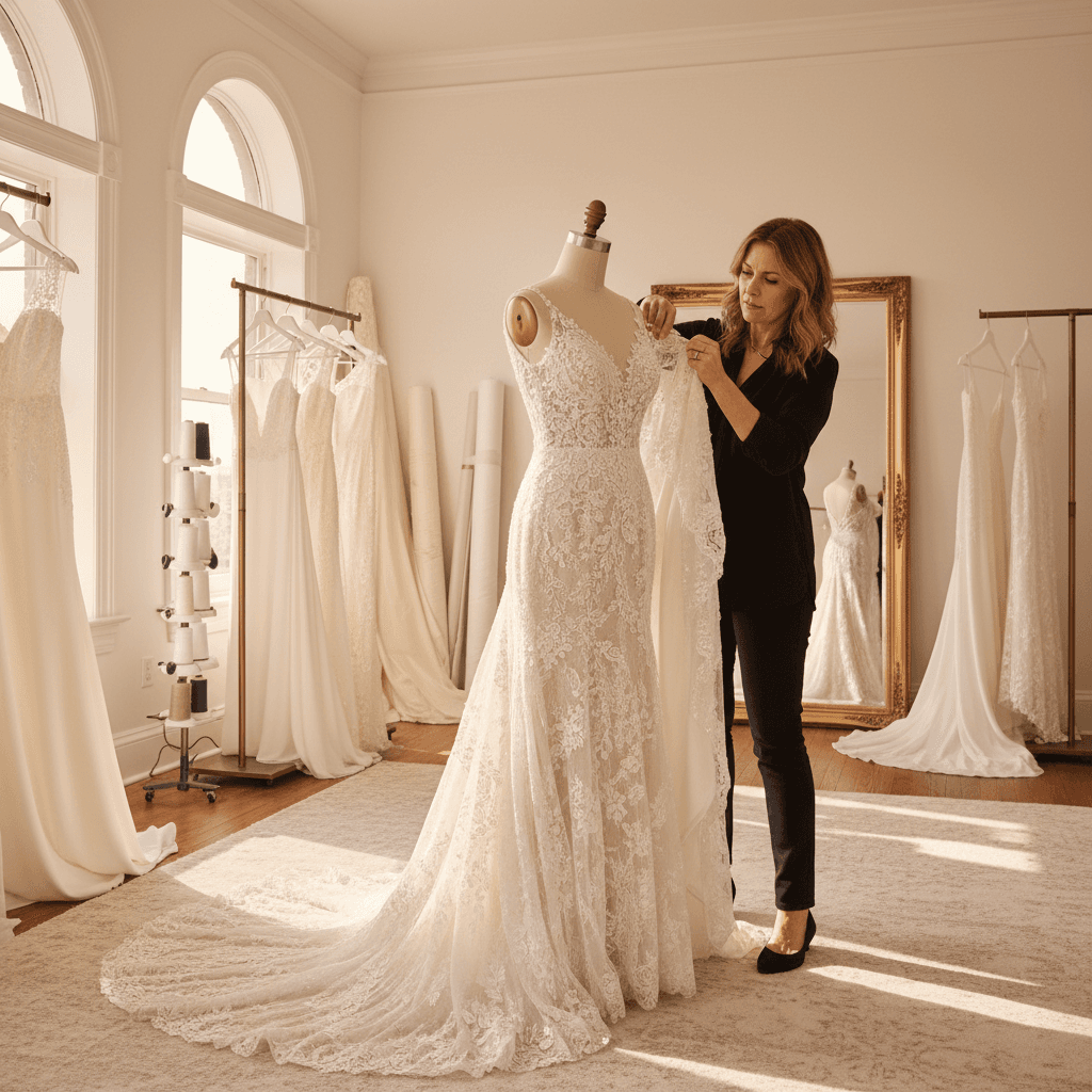A tailor carefully adjusting a wedding dress on a mannequin in a bright fitting room with soft lighting