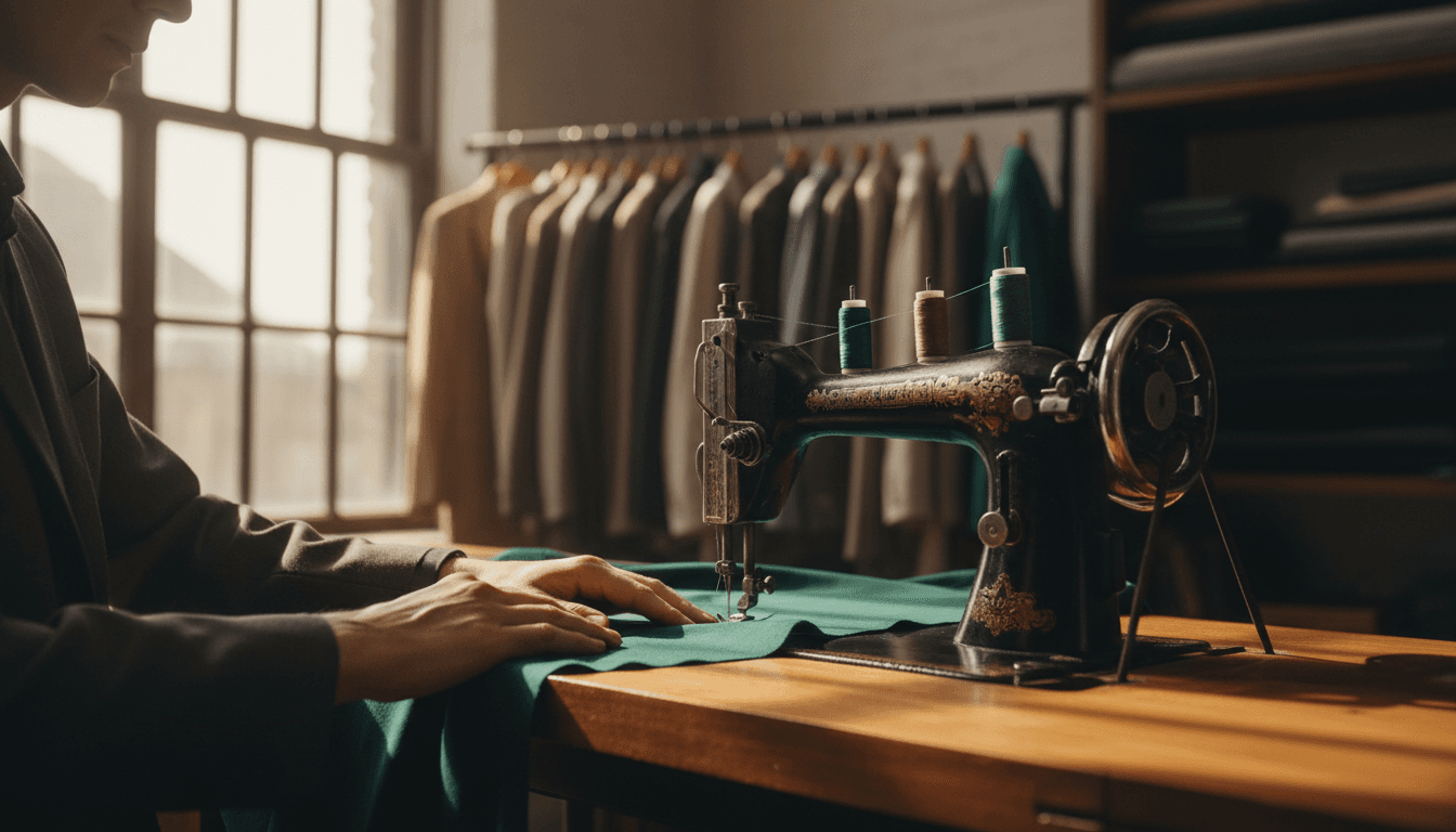 Tailor carefully feeding fabric through sewing machine with focused precision at wooden workstation
