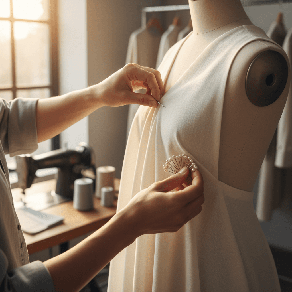Tailor pinning the waistline of a woman's dress on a mannequin in a tailoring studio