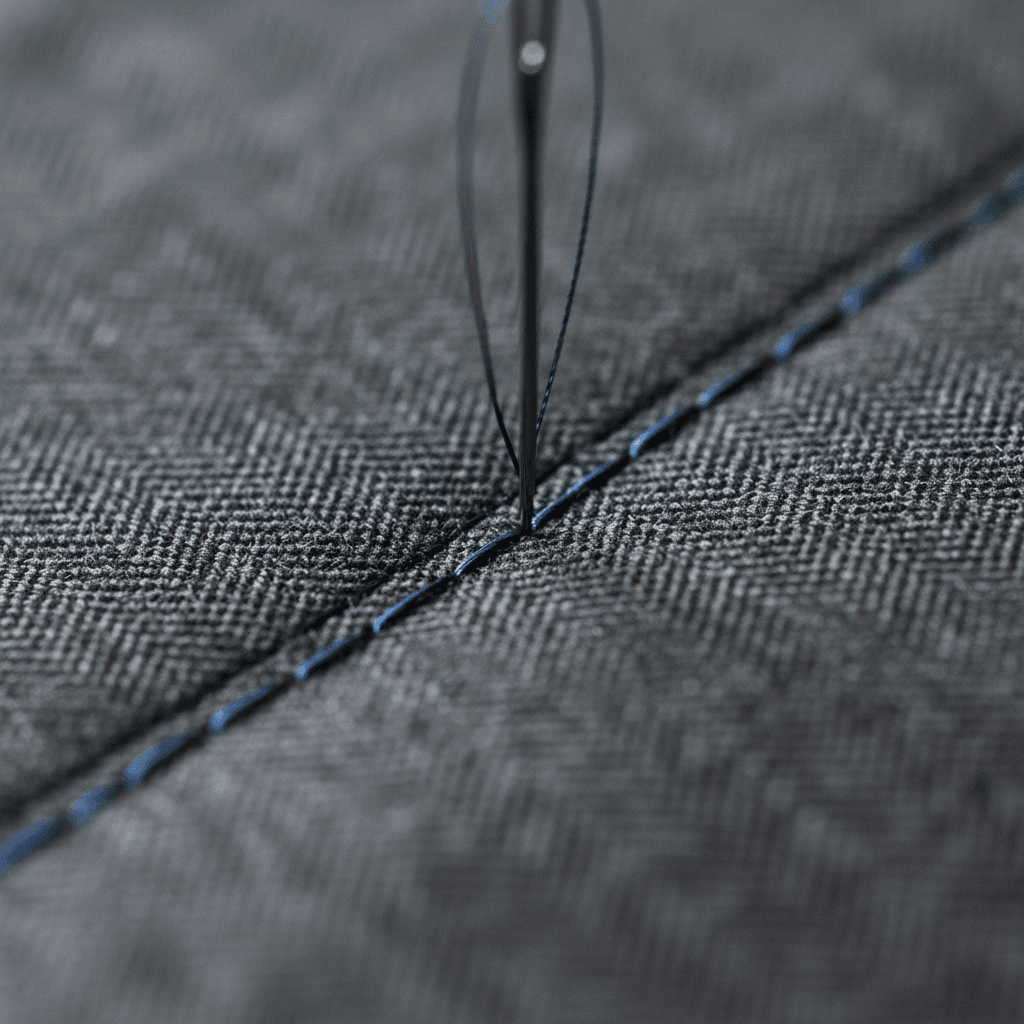 Macro close-up of tailor's needle and precise stitches on fine suiting fabric showing intricate craftsmanship