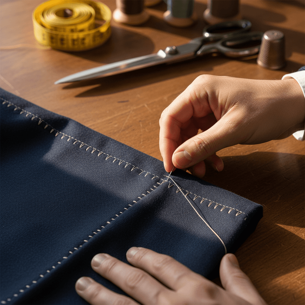 Tailor hand-stitching a suit jacket hem in a bright workshop