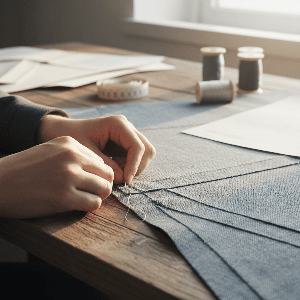 Hand stitching details on a custom garment