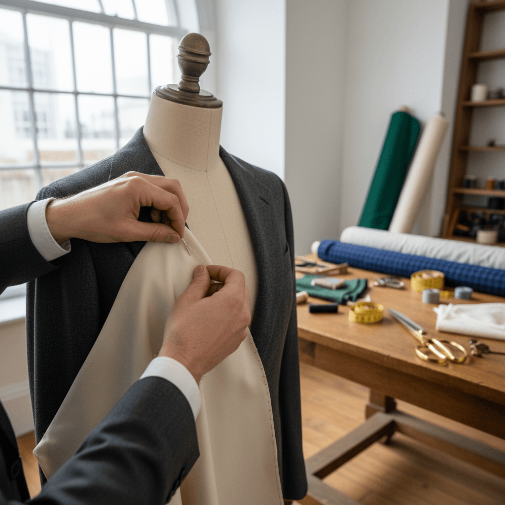 Tailor hand stitching fine fabric on a mannequin in a warm-lit atelier