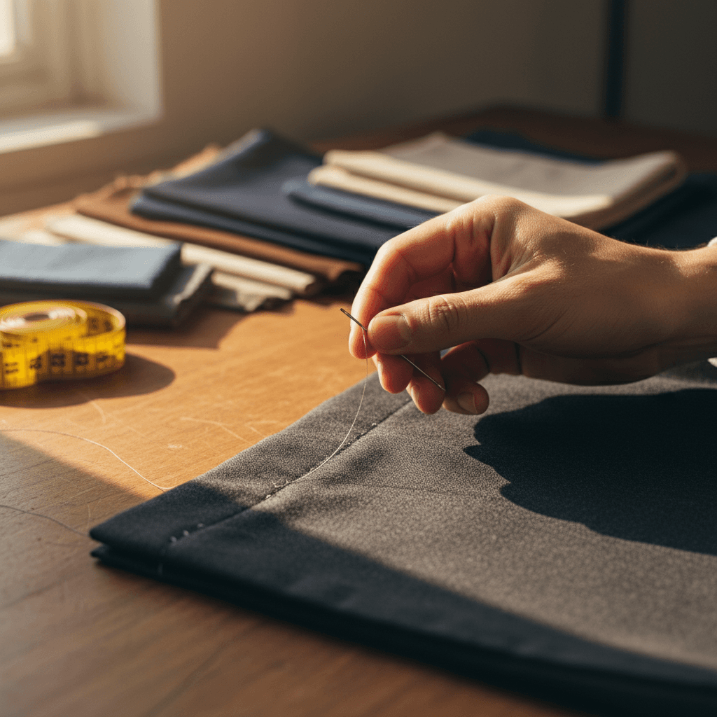 Tailor adjusting hem of a pair of trousers on a sewing machine in a bright workshop